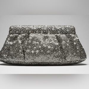 Club Monaco statement clutch silver metal disc overlay, chainmail look  12”L